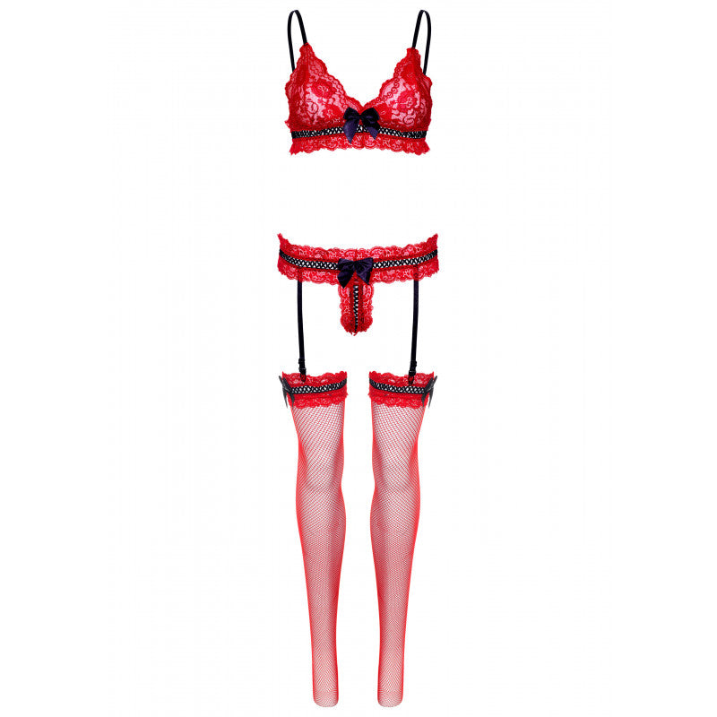 Conjunto de ropa interior con liguero y sujetador.
